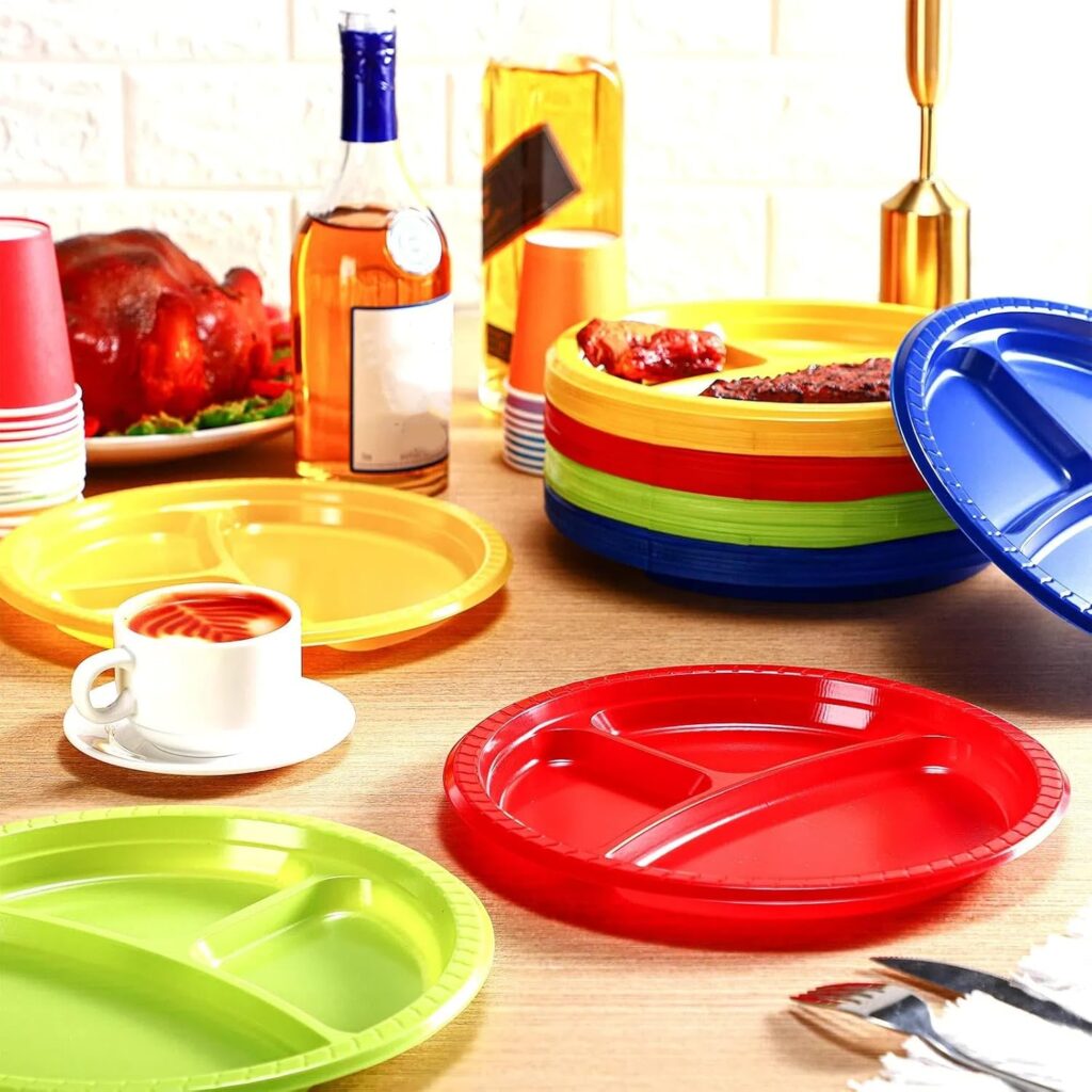 10 Inch 3 Compartments Divided Plastic Plates Bulk Colorful