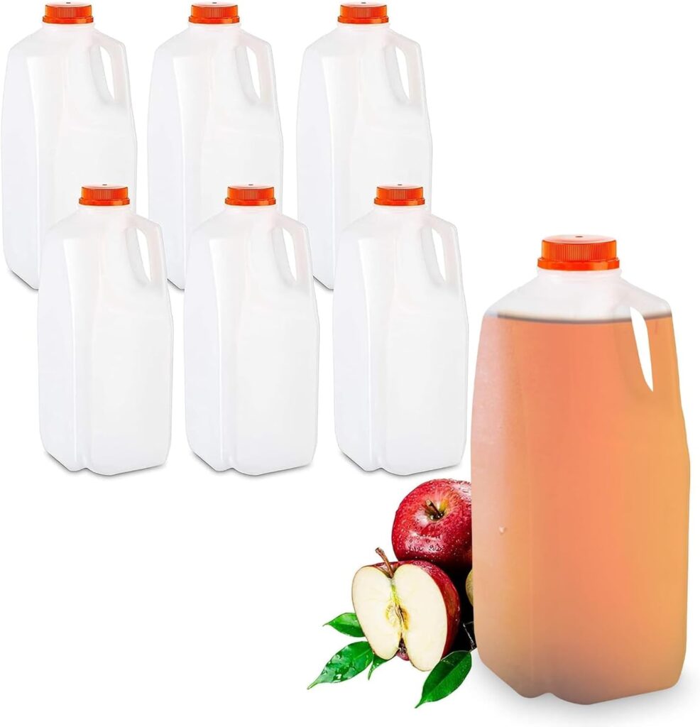 64 Oz HDPE Plastic Juice Bottles with Orange Tamper Evident Caps