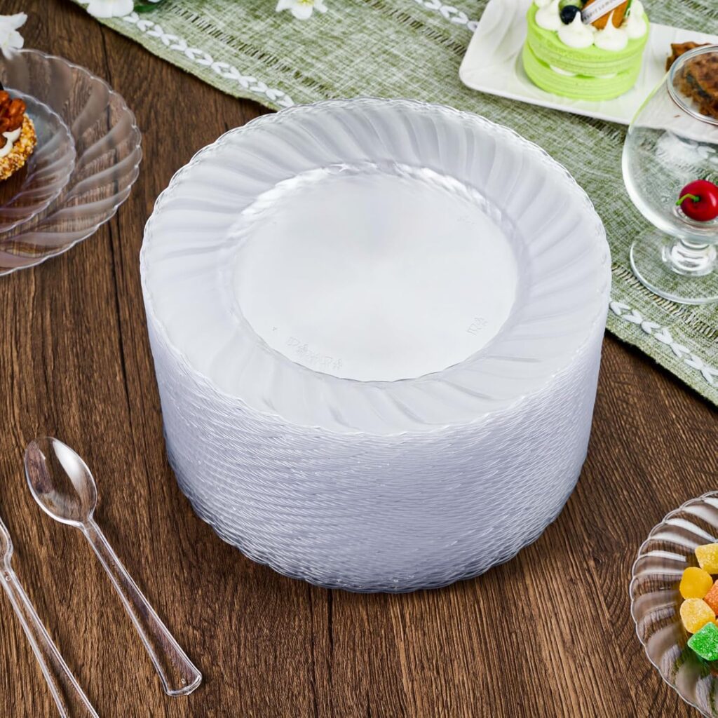 Disposable Heavy Duty Dinner Plates- Premium Hard Plastic Plate Fancy Disposable Clear Plates for Weddings, Parties and Events