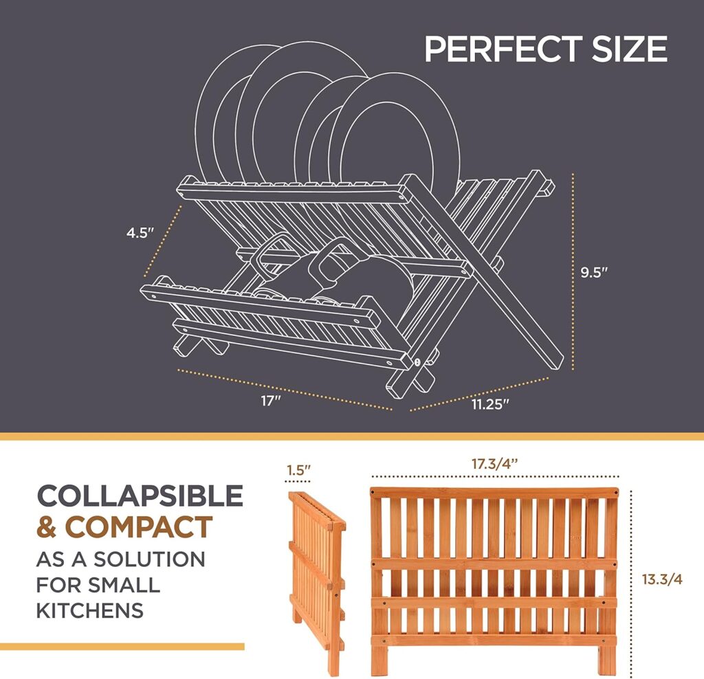 Dish Drying Rack - Collapsible Bamboo 2 Tier Foldable Wooden Dish Drainer