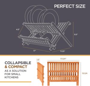 Dish Drying Rack - Collapsible Bamboo 2 Tier Foldable Wooden Dish Drainer