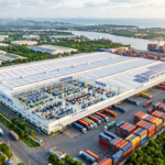 Vietnam OEM manufacturing facility aerial view - AI generated image showing industrial zone with shipping containers