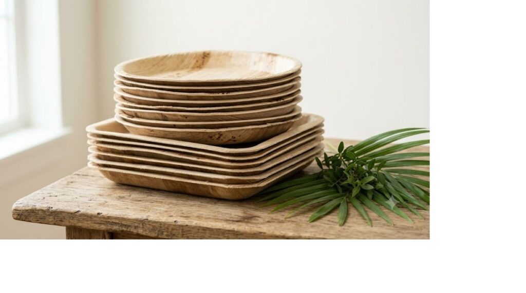Stack of natural areca palm leaf disposable plates from Vietnam, round and square compostable tableware for wholesale export