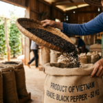 Vietnamese black pepper export - worker sorting peppercorns into export sacks labeled Product of Vietnam