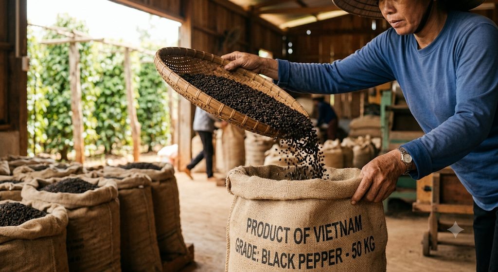 Vietnamese black pepper export - worker sorting peppercorns into export sacks labeled Product of Vietnam