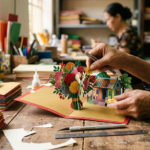 Artisan in Vietnam assembling a handmade 3D pop-up greeting card with paper-cut flowers and house design
