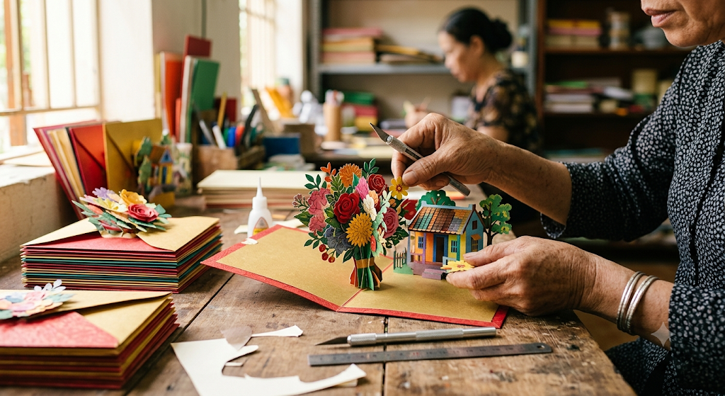 Artisan in Vietnam assembling a handmade 3D pop-up greeting card with paper-cut flowers and house design