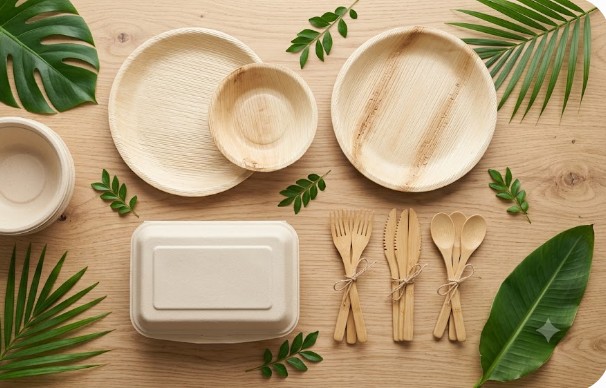 Vietnam compostable disposable tableware — areca palm leaf plates, sugarcane bagasse container and bamboo cutlery on a wood table