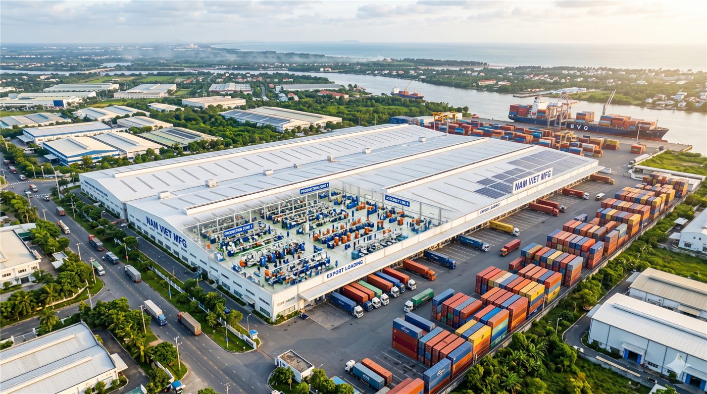 Vietnam OEM manufacturing facility aerial view - modern industrial zone with shipping containers ready for global export
