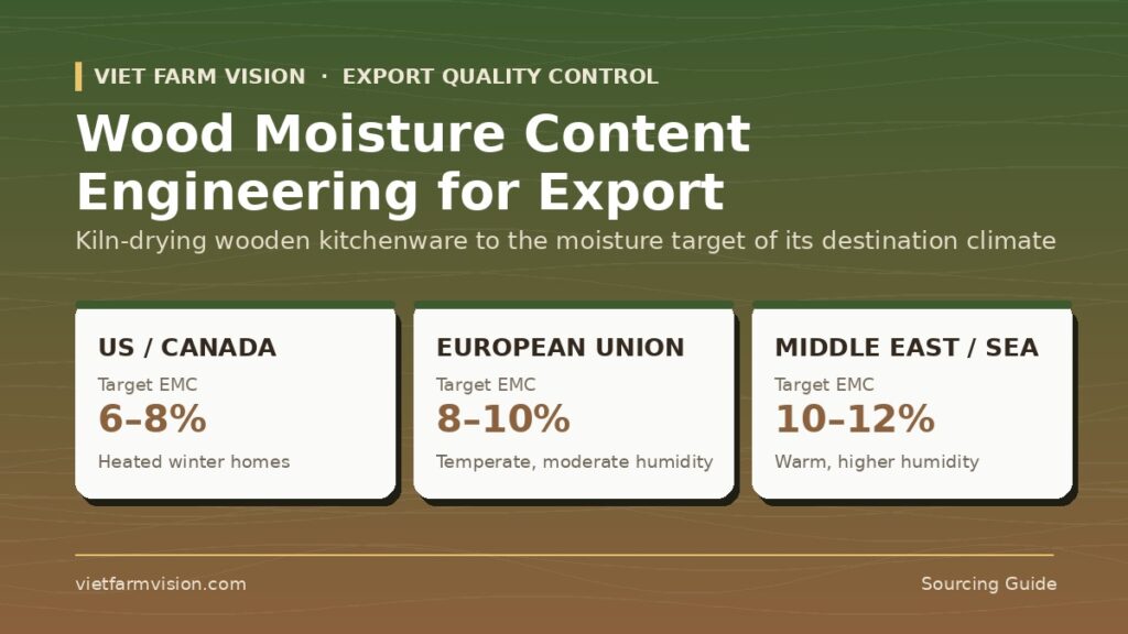 Wood moisture content EMC targets for Vietnam wooden kitchenware exports by destination market