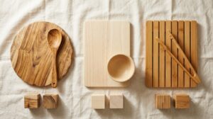 Side-by-side comparison of acacia wood, rubberwood and bamboo kitchenware from Vietnam: cutting board and spoon in acacia, chopping board and bowl in rubberwood, slatted board and tongs in bamboo, with raw material offcuts