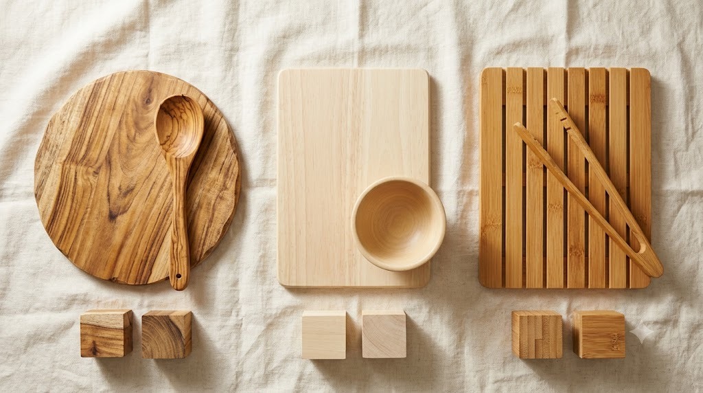 Side-by-side comparison of acacia wood, rubberwood and bamboo kitchenware from Vietnam with raw material offcuts
