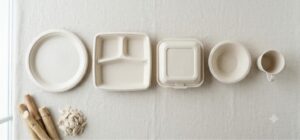 Compostable bagasse sugarcane pulp tableware from Vietnam: round plate, three-compartment tray, clamshell container, bowl and cup with raw sugarcane stalks