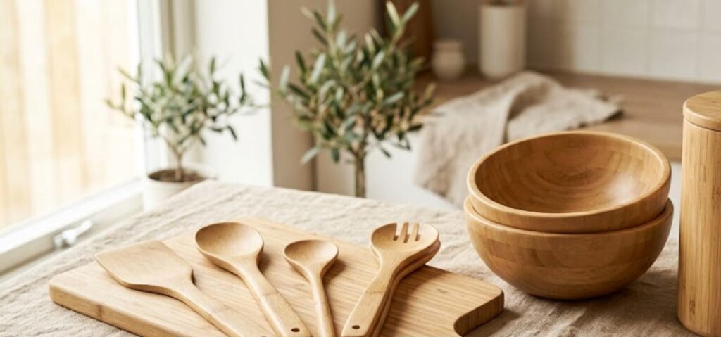Premium Vietnamese bamboo kitchenware and houseware set — cutting board, cooking utensils, stacked bowls and storage canister for B2B wholesale OEM export