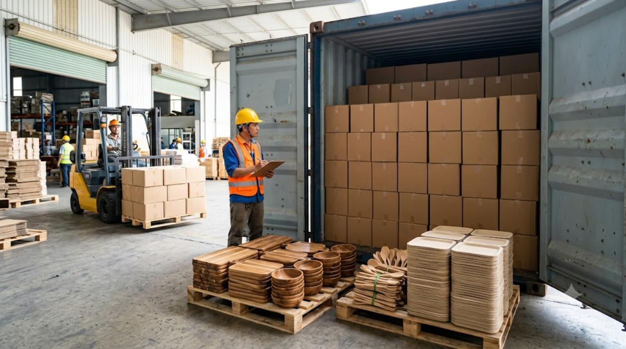 Vietnamese warehouse supervisor checking a container loading plan while export cartons are stuffed into a 40-foot shipping container, with pallets of acacia wooden serving boards, wooden bowls, wooden spoons and stacks of bagasse compostable plates staged at the loading bay