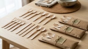 Disposable birchwood cutlery and kraft-wrapped compostable wooden cutlery kits from Vietnam for B2B wholesale and foodservice buyers