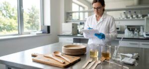 Laboratory technician reviewing a food-contact migration test report beside Vietnamese acacia wooden serving board, wooden spoons, bagasse plates and birch disposable cutlery with food simulant beakers