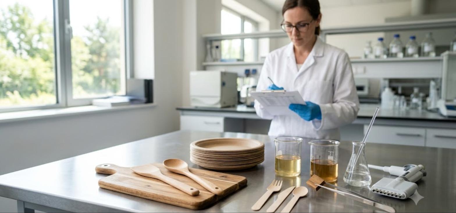 Laboratory technician reviewing a food-contact migration test report beside Vietnamese acacia wooden serving board, wooden spoons, bagasse plates and birch disposable cutlery with food simulant beakers