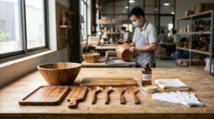 Finished acacia wood salad bowl, serving boards, tray and utensils on a finishing bench in a Vietnamese woodware factory, alongside food-grade mineral oil, beeswax paste, a cloth and white inspection gloves