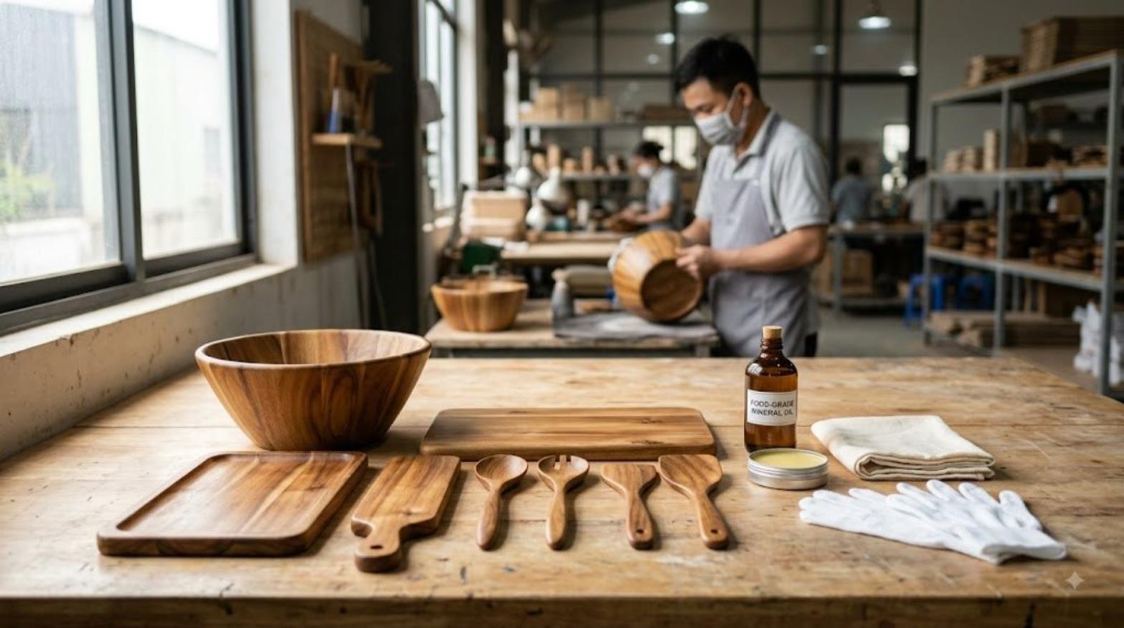 Finished acacia wood salad bowl, serving boards, tray and utensils on a finishing bench in a Vietnamese woodware factory, alongside food-grade mineral oil, beeswax paste, a cloth and white inspection gloves