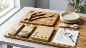 Vietnamese acacia wood serving board, wooden spoons and spatula, stacked bagasse plates and birch wooden cutlery beside kraft retail packaging sleeves and an annotated green-claims review checklist with magnifying glass