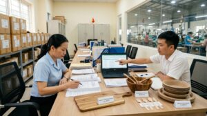 Export compliance team at a Vietnamese factory reviewing HS code tariff classification schedules with acacia wooden serving boards, wooden bowls, wooden spoons, disposable wooden cutlery and bagasse compostable plates laid out as classification samples