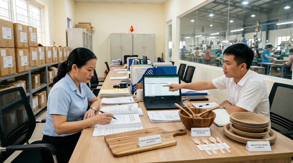Export compliance team at a Vietnamese factory reviewing HS code tariff classification schedules with acacia wooden serving boards, wooden bowls, wooden spoons, disposable wooden cutlery and bagasse compostable plates laid out as classification samples
