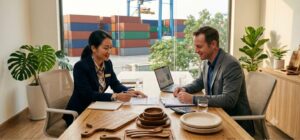 Vietnamese export sales manager and an international B2B buyer reviewing a proforma invoice and letter of credit at a factory meeting table, with acacia wooden serving boards, wooden bowls, wooden spoons and a stack of bagasse compostable plates in front of them and a container yard visible through the window