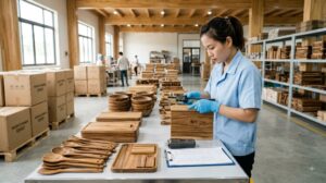 Quality inspector measuring acacia wood cutting boards with a digital caliper during pre-shipment inspection at a Vietnam wooden kitchenware factory, 2026