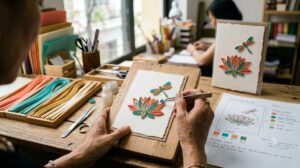 Artisan assembling a custom handmade quilling greeting card with lotus and dragonfly motif beside a design brief sheet and colour swatches in a Vietnamese handicraft workshop