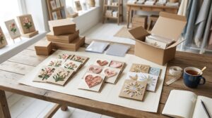 Gift and stationery buyer's seasonal range-planning desk with three groups of handcrafted Vietnamese paper quilling greeting cards - floral, heart and snowflake designs - laid out beside kraft gift boxes, clear card sleeves and an open export sample carton for Valentine's, Mother's Day and Christmas range planning