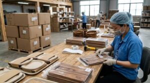 Worker in a Vietnamese export factory applying barcode labels to poly-bagged acacia wood cutting boards, with moulded compostable plates and export cartons ready for marketplace fulfilment