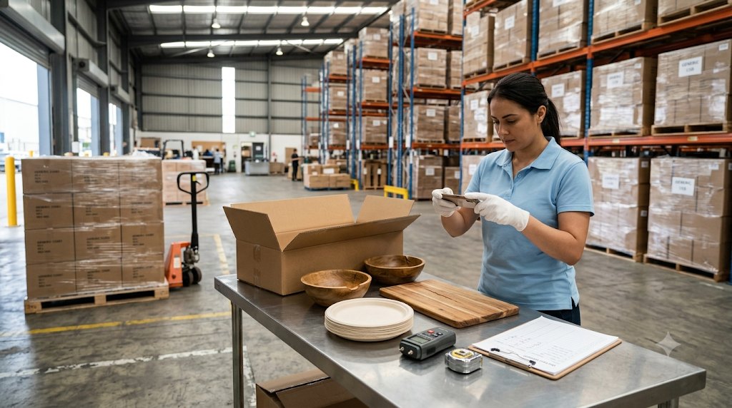 Warehouse quality inspector photographing a cracked acacia wood cutting board beside wooden bowls, moulded bagasse compostable plates and a defect report clipboard at an importer inbound inspection bay
