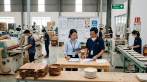 Social compliance auditor with a tablet reviewing records with a supervisor on the production floor of a Vietnamese wooden kitchenware and compostable tableware export factory, with stacked acacia cutting boards, wooden bowls and moulded bagasse plates in the foreground and workers in PPE at sanding stations behind