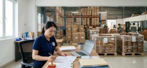 Export documentation officer at a Vietnamese wooden kitchenware factory reviewing a certificate of origin and commercial invoice, with pallets of acacia boards and sealed export cartons in the warehouse behind