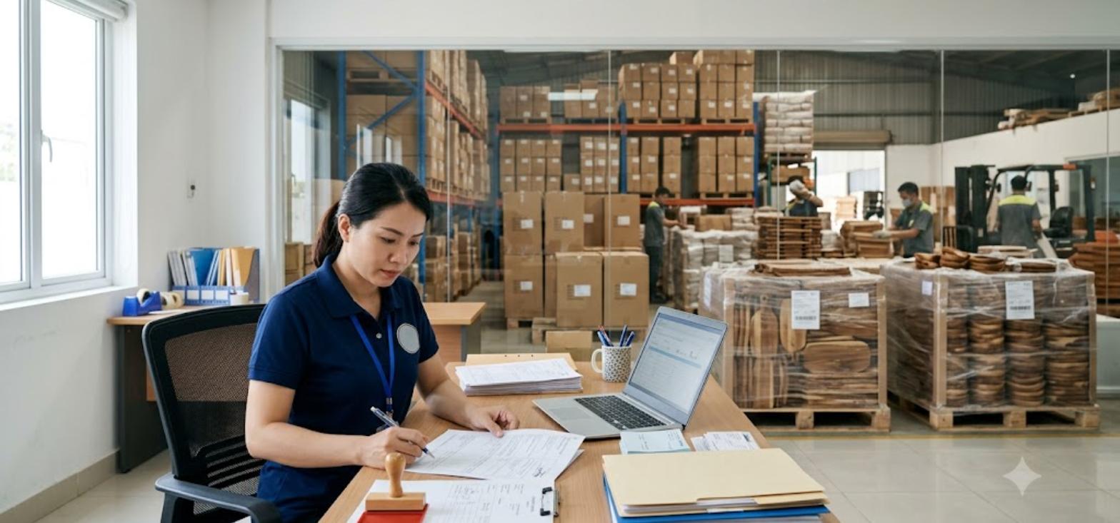 Export documentation officer at a Vietnamese wooden kitchenware factory reviewing a certificate of origin and commercial invoice, with pallets of acacia boards and sealed export cartons in the warehouse behind