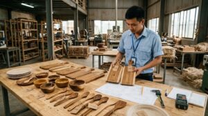 Product development engineer at a Vietnamese wooden kitchenware factory comparing tagged acacia sample boards against a technical specification sheet, with wooden bowls, spoons and bagasse compostable plates laid out for golden sample approval
