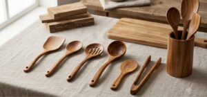 Vietnamese acacia wood kitchen utensils set - spatula, cooking spoons, slotted spoon, ladle and tongs with wooden utensil holder