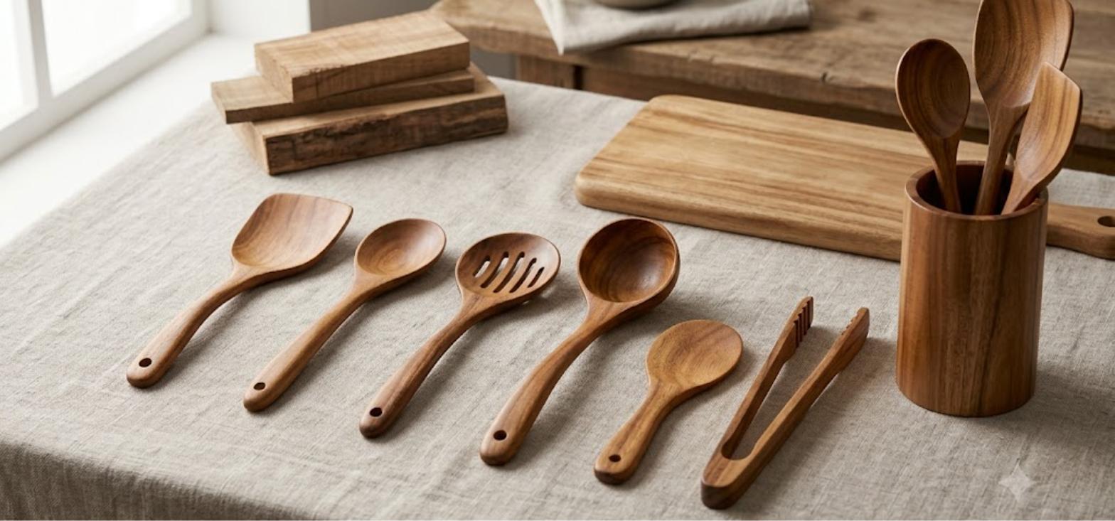 Vietnamese acacia wood kitchen utensils set - spatula, cooking spoons, slotted spoon, ladle and tongs with wooden utensil holder