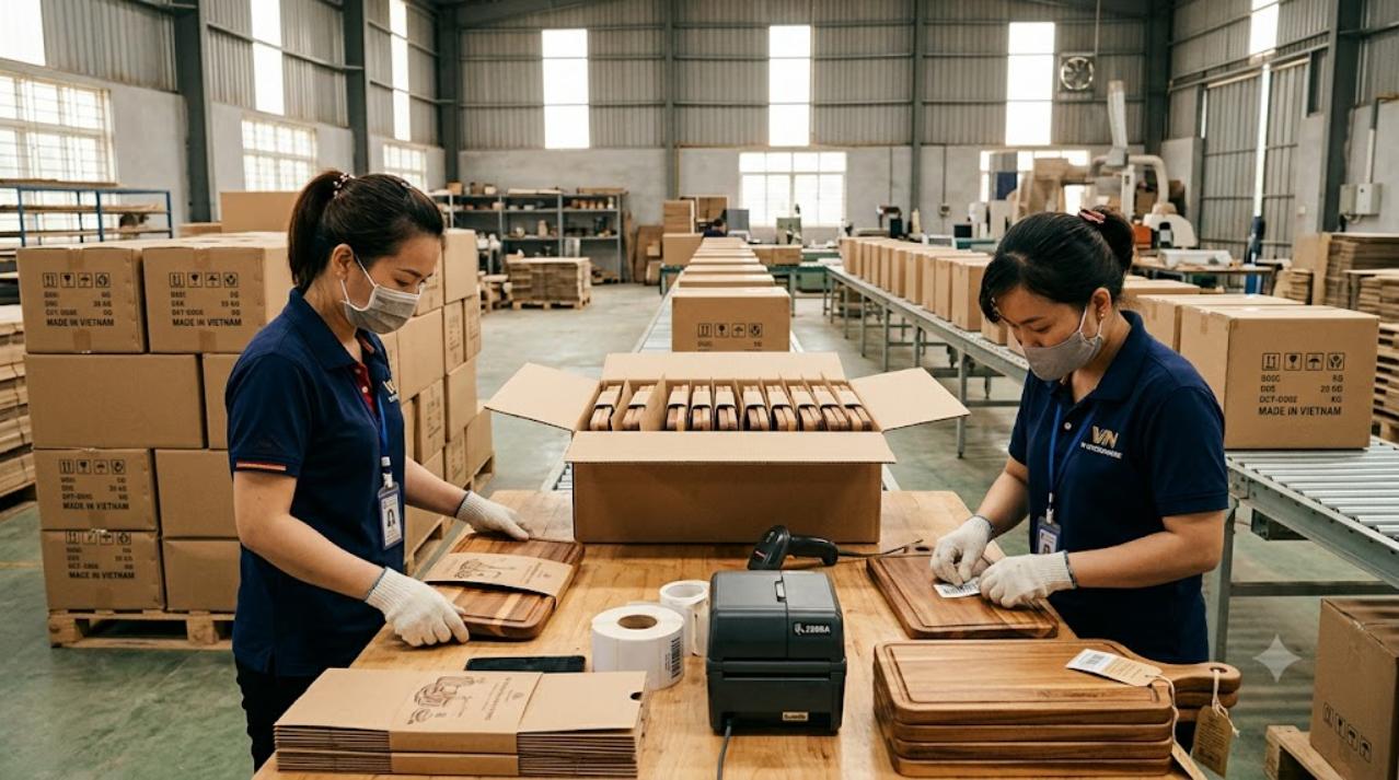 Workers at a Vietnamese wooden kitchenware factory sleeving acacia serving boards in printed kraft retail packaging, applying barcode labels and hangtags, with sealed export cartons on pallets behind