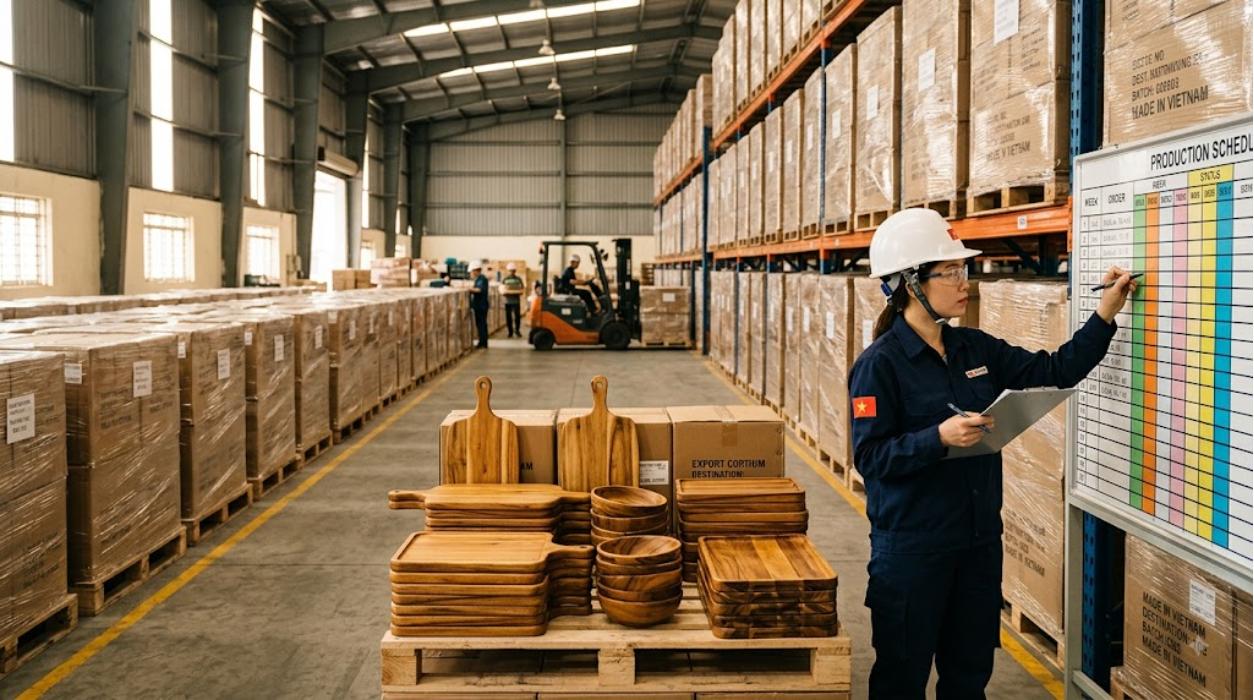 Production planner updating a weekly production schedule board in the finished-goods dispatch warehouse of a Vietnamese wooden kitchenware factory, with stacked acacia cutting boards, bowls and trays on a pallet beside labelled export cartons