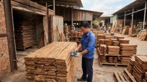Quality technician checking the moisture content of a stack of kiln-dried acacia boards with a handheld pin moisture meter outside a timber drying kiln at a Vietnamese wooden kitchenware factory, with stacked wooden serving boards and trays on pallets behind