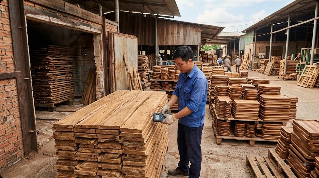 Quality technician checking the moisture content of a stack of kiln-dried acacia boards with a handheld pin moisture meter outside a timber drying kiln at a Vietnamese wooden kitchenware factory, with stacked wooden serving boards and trays on pallets behind