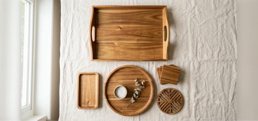 Vietnam OEM acacia wood serving trays, vanity tray, coasters and trivet flat-lay for wholesale houseware buyers in 2026