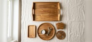 Vietnam OEM acacia wood serving trays, vanity tray, coasters and trivet flat-lay for wholesale houseware buyers in 2026
