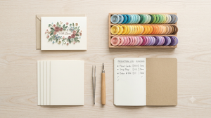 Overhead flat lay of a Vietnamese paper quilling workshop table showing a finished handmade floral quilling greeting card, trays of coiled pastel paper strips sorted by colour, blank cream card blanks, quilling tweezers and a slotted tool, and an open production log notebook