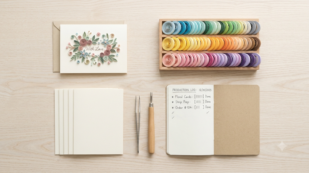 Overhead flat lay of a Vietnamese paper quilling workshop table showing a finished handmade floral quilling greeting card, trays of coiled pastel paper strips sorted by colour, blank cream card blanks, quilling tweezers and a slotted tool, and an open production log notebook