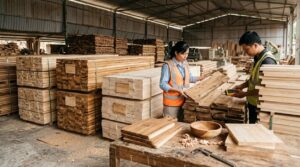 Vietnamese factory staff inspecting stacked kiln-dried acacia and rubberwood lumber bundles in a timber yard, with finished acacia cutting boards and a wooden bowl on the workbench
