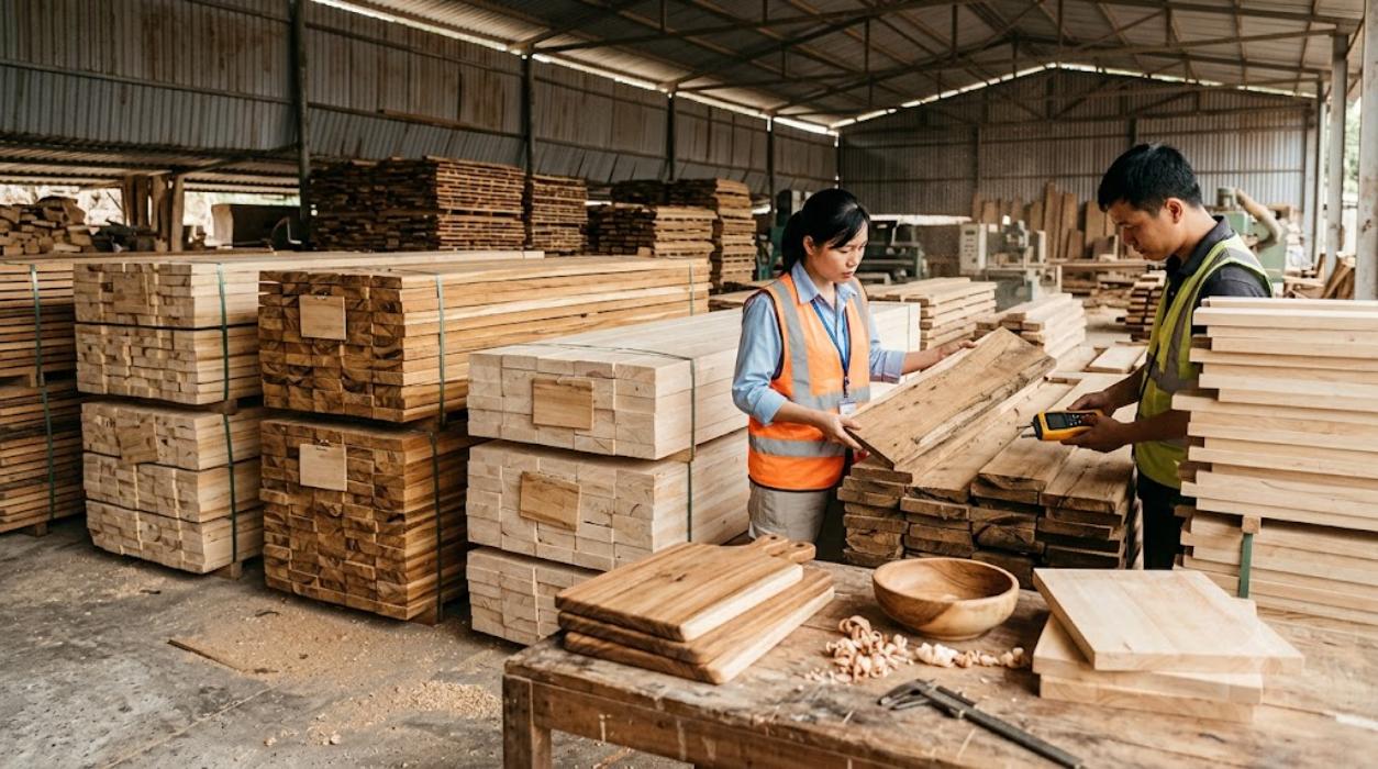 Vietnamese factory staff inspecting stacked kiln-dried acacia and rubberwood lumber bundles in a timber yard, with finished acacia cutting boards and a wooden bowl on the workbench