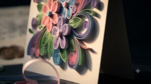 Extreme macro of a handmade Vietnamese paper quilling greeting card lit by warm raking light against a dark background, with a blurred export document and embossed seal behind it
